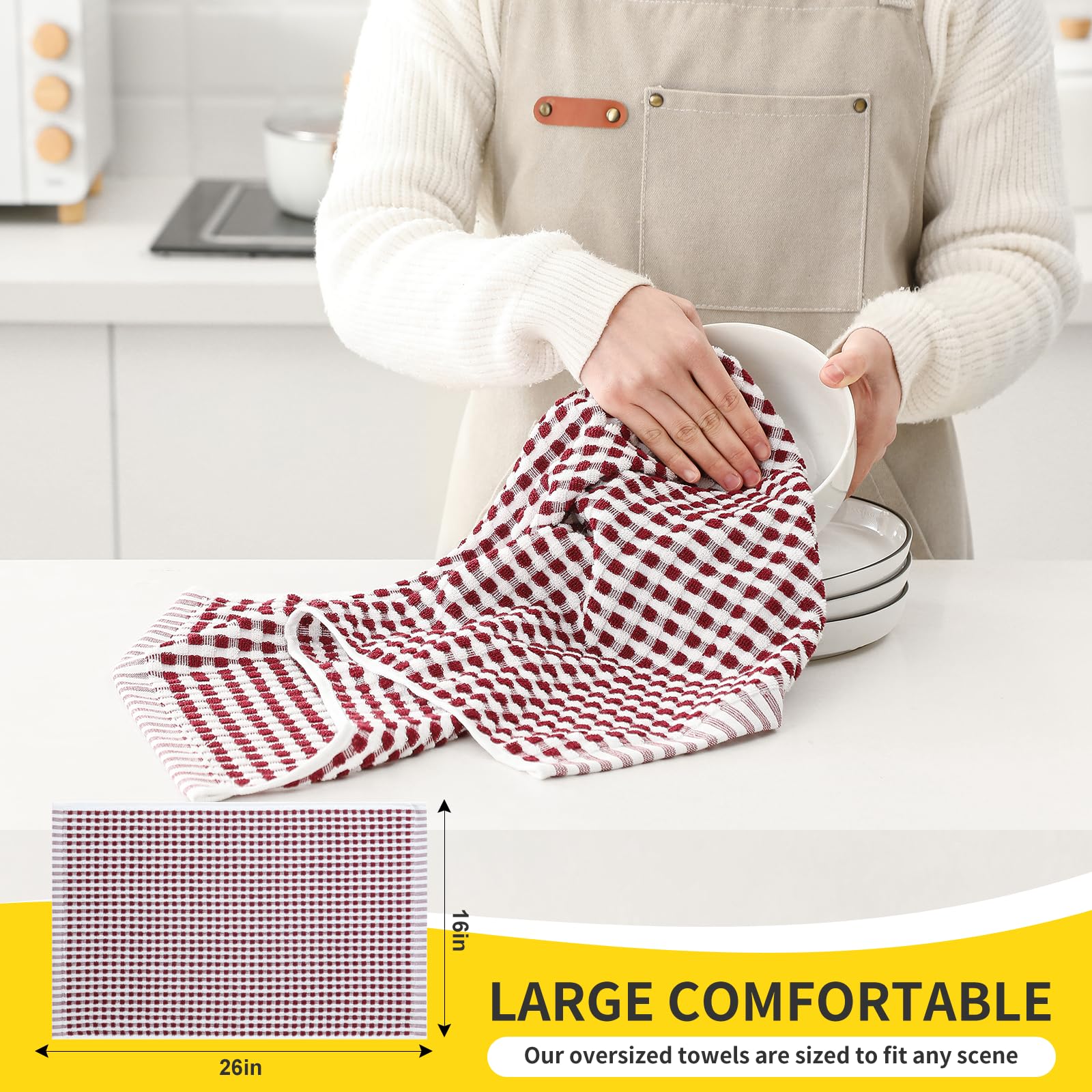 SALAS Cotton Dish Towels Cloths for Kitchen Drying Dishes, Lattice Terry Kitchen Towels, Absorbent Cloths with Hanging Loop, 16‘’ x 26‘’, 4 Packs, Wine Red and Black