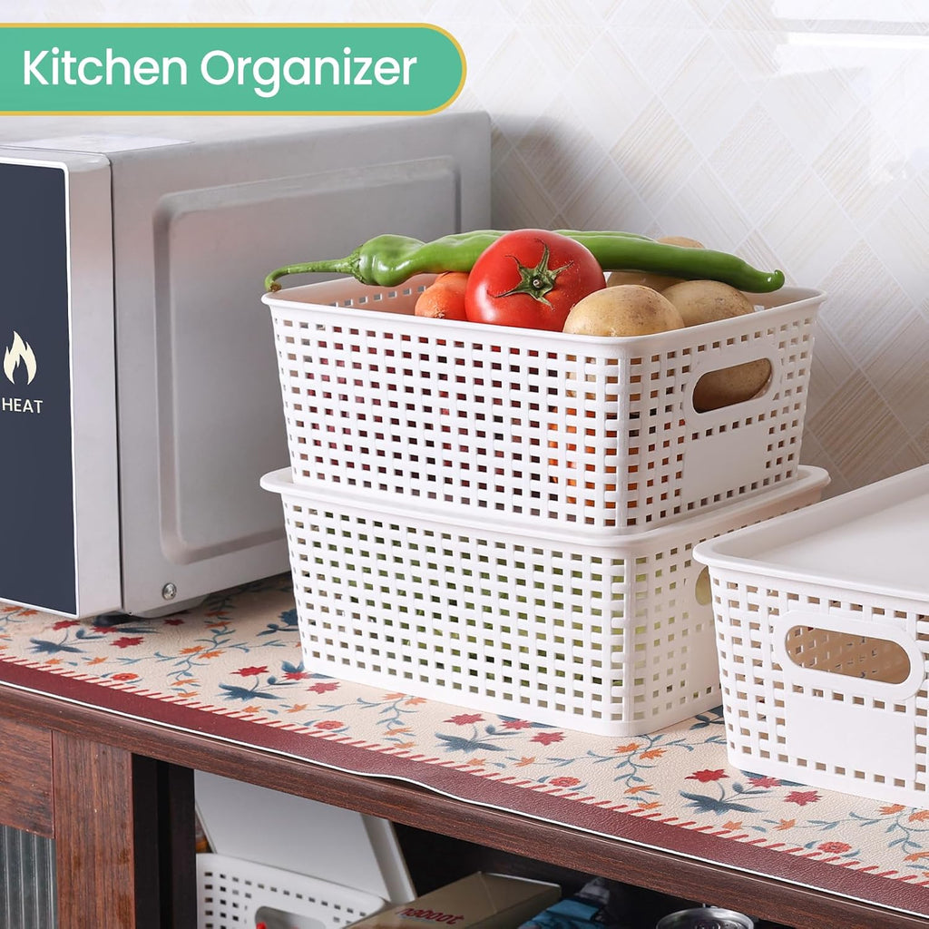 Plastic Storage Baskets with Lid - Stackable Organizing Bins for Home & Office | 8 Pack, White, 10.2x7.2x4.1 Inch