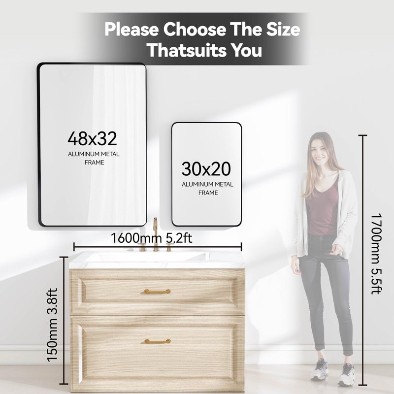 SCWF-GZ Rectangle 20x30 Mirror Thick Metal Frame Mirrors Wall Mounted Tempered Glass for Living Room Entryway Bathroom Horizontal or Vertical 20 30 inch Black