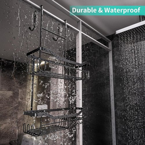 HapiRm Hanging Shower Caddy - No-Drill Over the Door Organizer with Soap Holder & 11 Hooks | Rustproof 304 Stainless Steel - Black