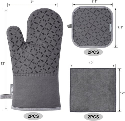 KEGOUU High Heat Resistant Oven Mitts - 6-Piece Set with Non-Slip Silicone | Extra Long, Grey