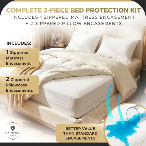 MATTSHIELD Ultimate Bed Bug-Proof Mattress Cover Kit | Queen Size 100% Cotton + 2 Zippered Pillow Protectors - Waterproof Encasement