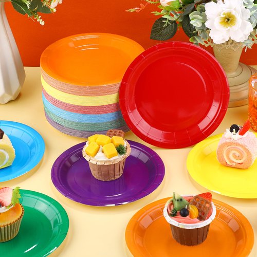 Kochorie 150 Pieces Rainbow Paper Plates 7 Inch Bulk Disposable Solid Colorful Dinner Plates Heavy Duty Round Dessert Supplies for Birthday Wedding Holiday Bridal Shower Party Supplies