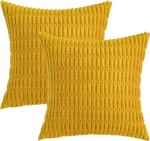 MIULEE Corduroy Throw Pillow Covers - Soft Boho Striped Design | 18x18 Inch Mustard Yellow for Modern Home Decor