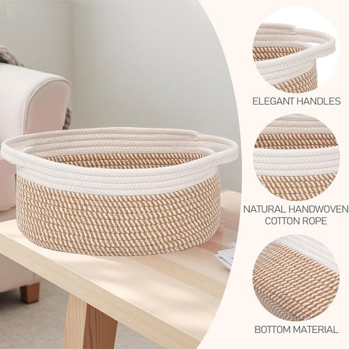 JMvicyroam Woven Storage Baskets - Small Rope Bins with Handles for Organizing Shelves | 2-Pack in White & Brown