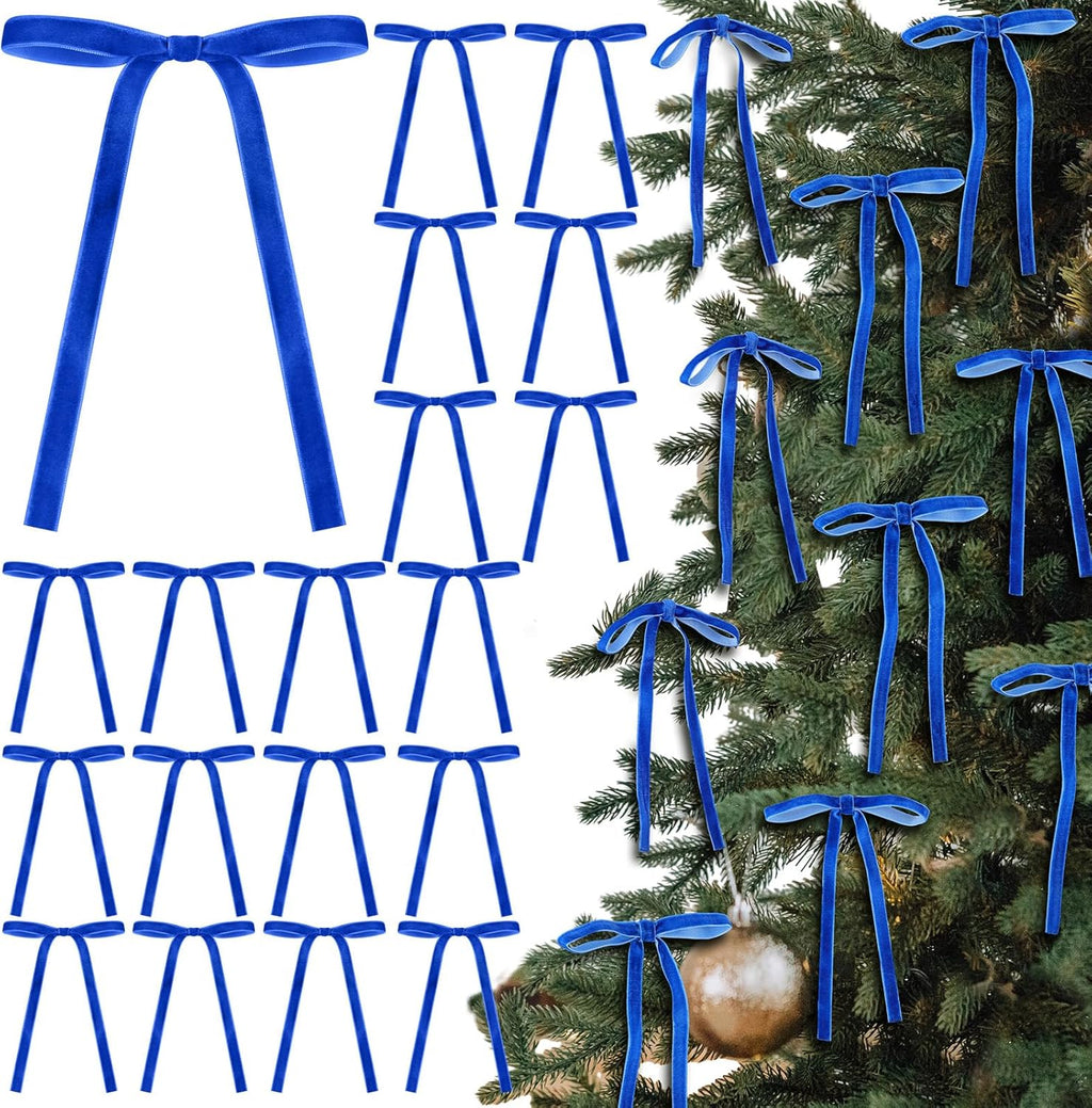 Royal Blue Velvet Bows - 24 Pcs Christmas Tree Ornaments | Perfect for Home Decor & Weddings (5 x 7 Inch)