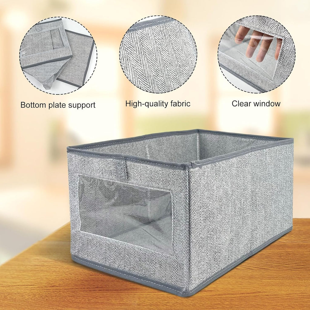 Skiennix Linen Closet Storage Bins - 6 Pieces with Clear Window for Organizing Clothes & Books