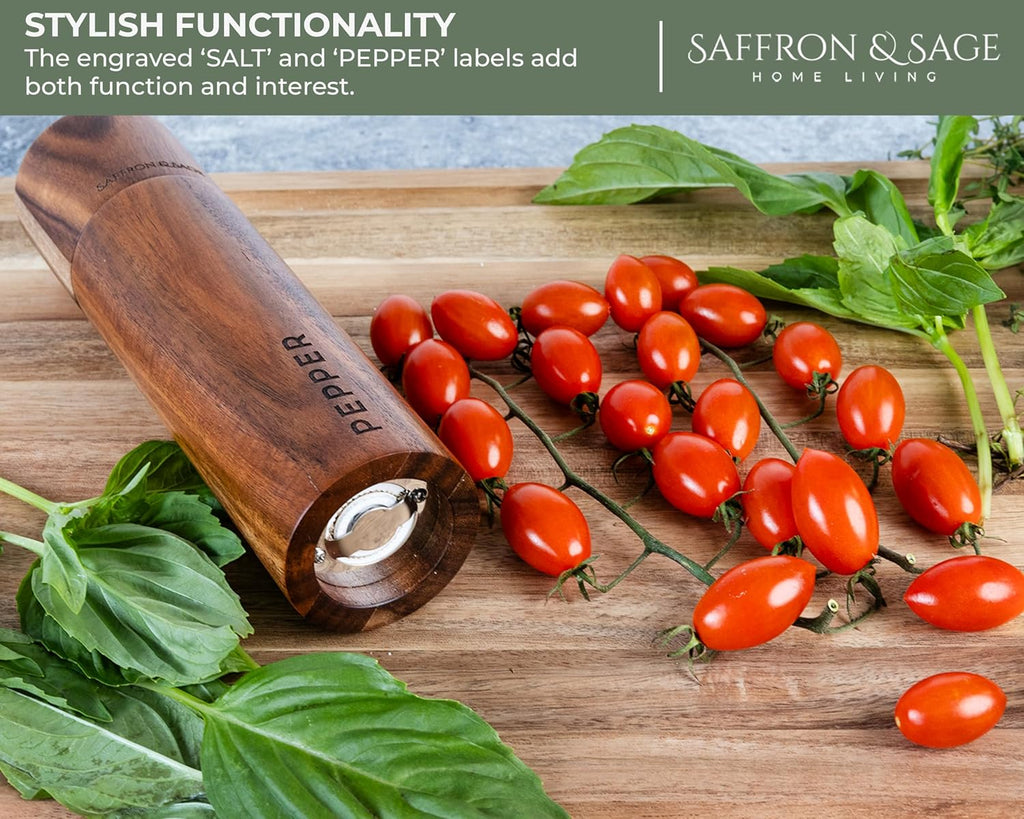Saffron & Sage Premium Acacia Wood Salt and Pepper Grinder Set | 8” Tall with Adjustable Coarse Settings