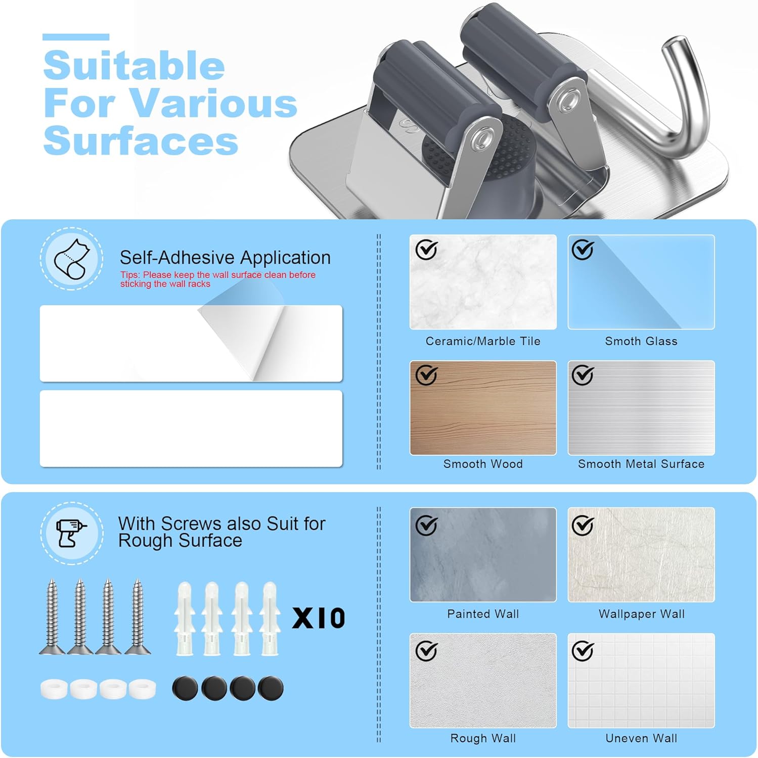 Skiennix Stainless Steel Mop & Broom Gripper - Wall Mount Holder with Hook | 4 Pack, Silver