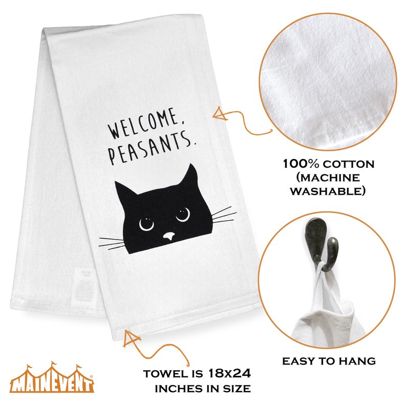 MAINEVENT Welcome Peasants Cat Kitchen Towel 18x24 Inch, Funny Feline Dish Towel, Black Cat Towel for Kitty-Lovers, Kitty-Themed Kitchen Accessories, Novelty Tea Décor