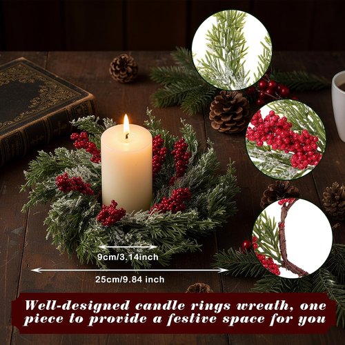 Cinnvoice Christmas Candle Rings - 8 Pcs Artificial Garland with Red Berries for Table Decor | Cypress