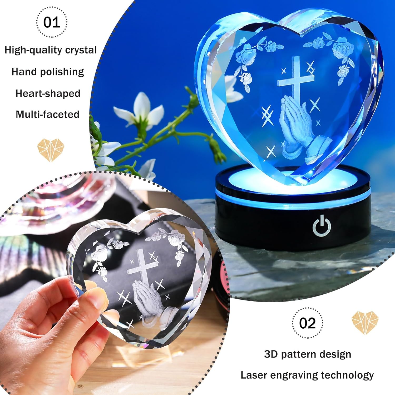 Ornalrist Crystal Heart 3D Praying Hands | Colorful LED Base Night Light Gift for Christians
