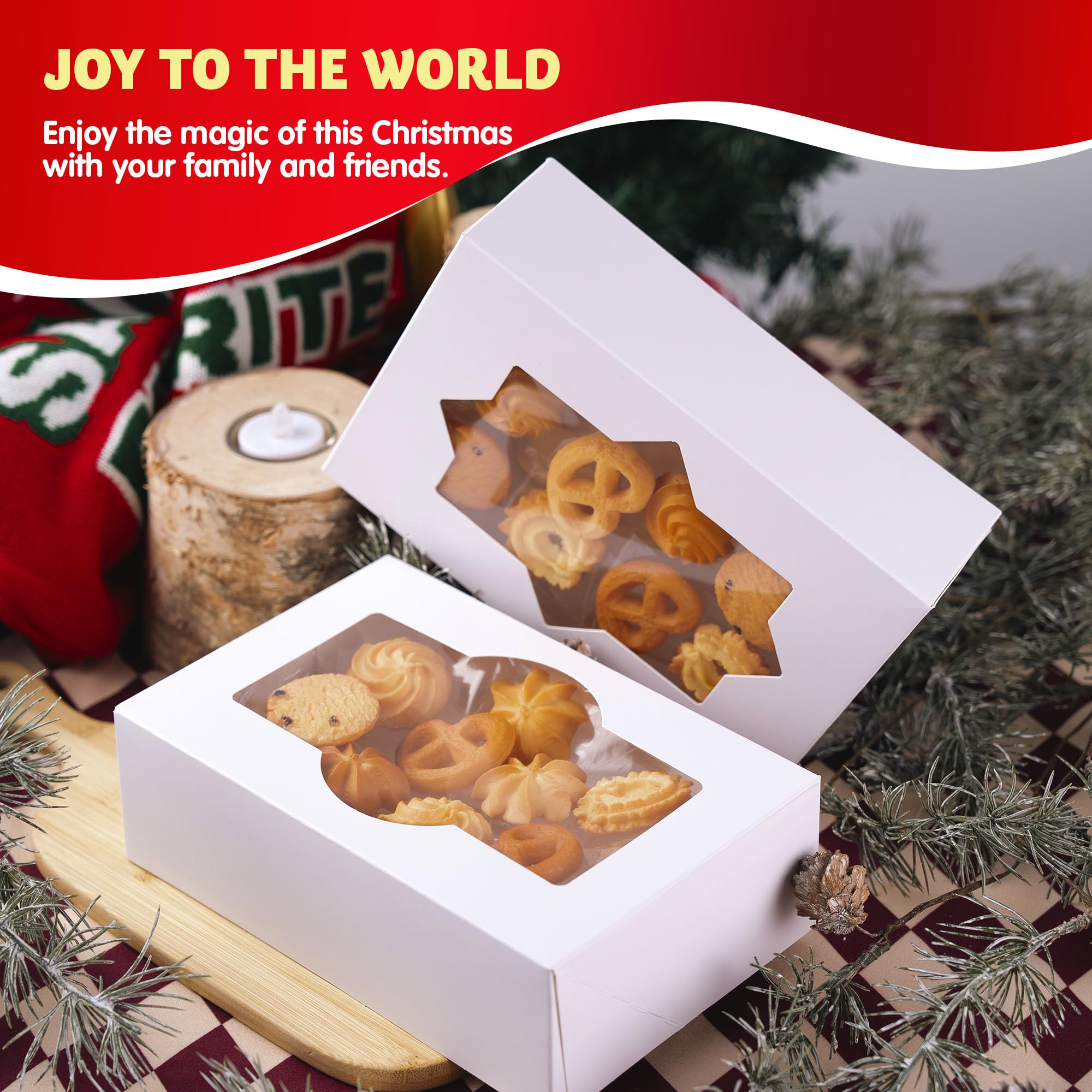 JOYIN 24 PCS Christmas Cookie Boxes for Gift Giving, 8.75’’ x 5.75’’ x 2.75’’ Xmas Holiday White Bakery Treat Boxes Containers with Window for Pastries, Cupcakes, Chocolate, Candy, Brownies, Donuts