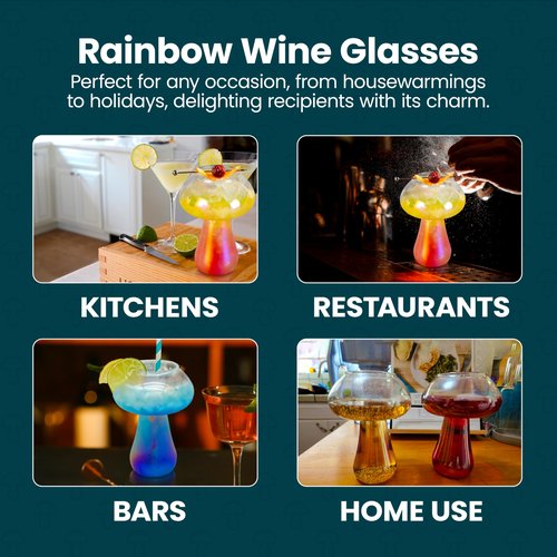 TMNOVO Cocktail Mushroom Glasses - Iridescent Cute Glass Cups Set - 2 Pcs Dishwasher Safe Rainbow Glass Mushroom Vase - 12Oz Mushroom Cup - Gifts for Mushroom Lovers