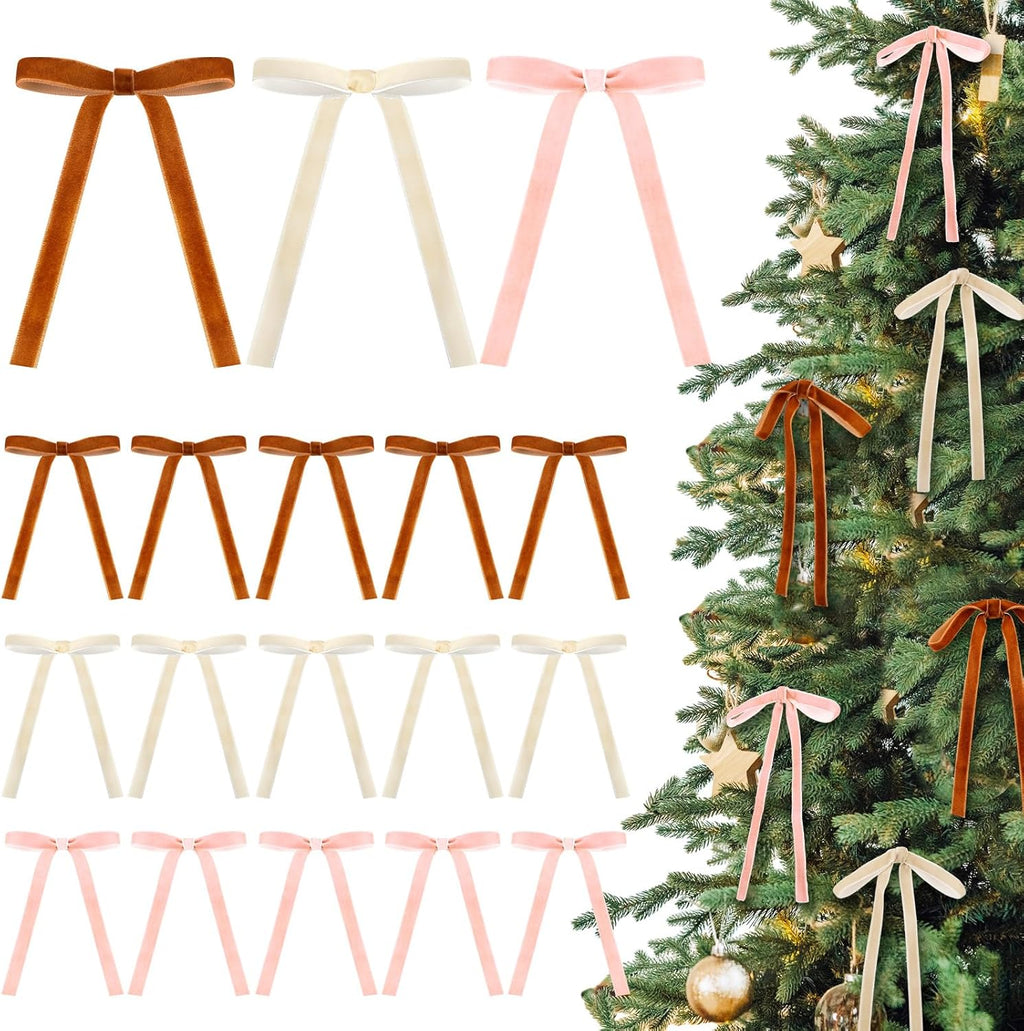 Skiennix 24 Pcs Velvet Bows - Vintage Ribbon Bows for Christmas Tree & Crafts | Terracotta, Cream, Dusty Pink (5 x 7 Inch)