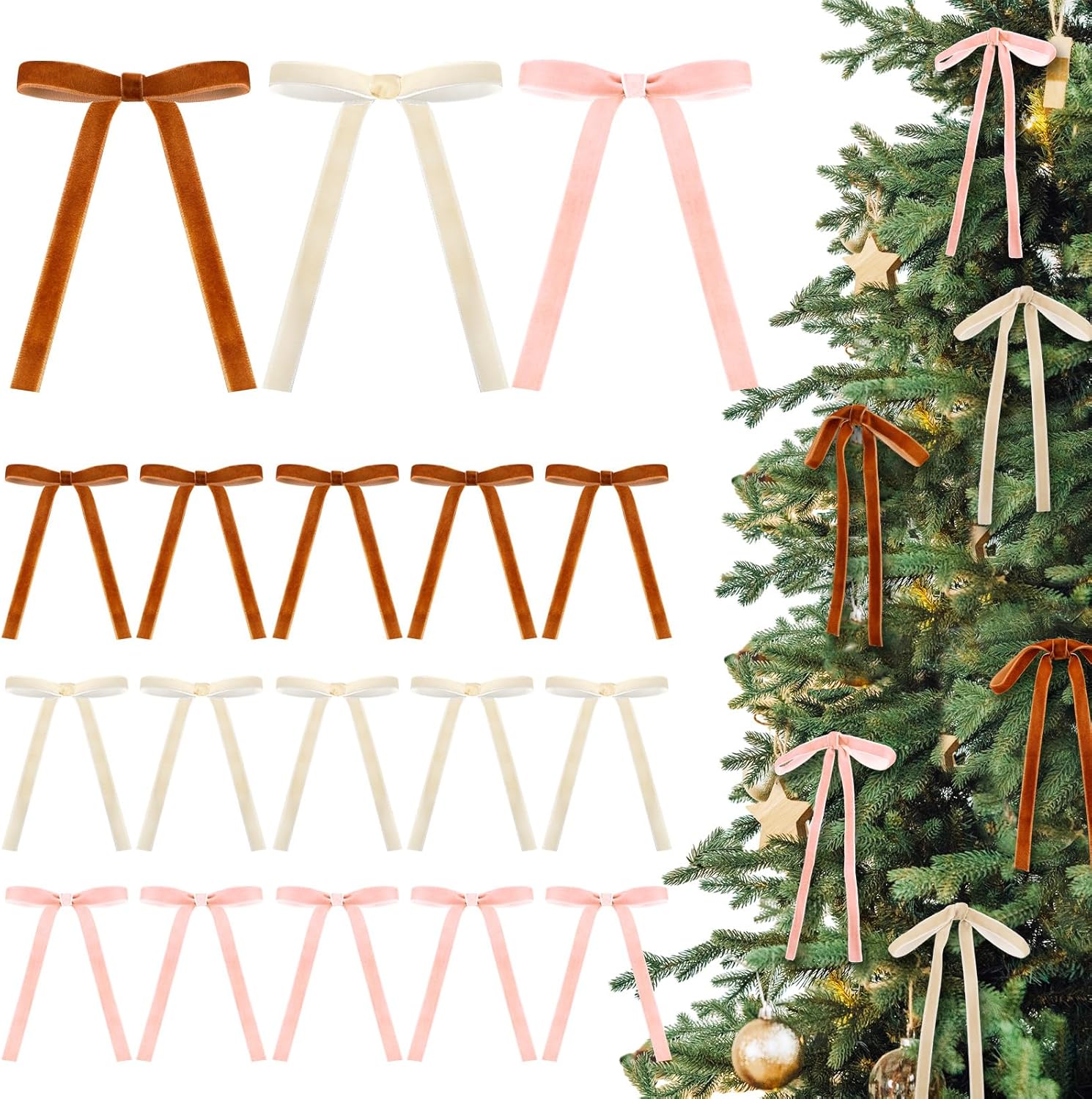 Skiennix 24 Pcs Velvet Bows - Vintage Ribbon Bows for Christmas Tree & Crafts | Terracotta, Cream, Dusty Pink (5 x 7 Inch)