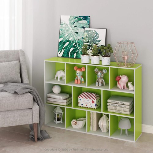 Furinno LUDER Bookshelf - 11-Cube Reversible Bookcase for Easy Assembly | White/Green, 9.4 x 29.1 x 41.7
