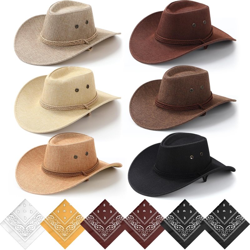 Zhanmai 12 Pcs Cowboy Hat and Bandana Cowboy Cowgirl Hats Bulk Western Party Costume Halloween Accessory(Flax,Brown Series)