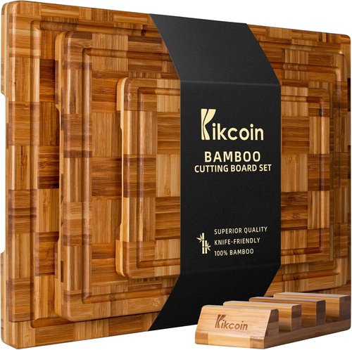Kikcoin Extra Large Bamboo Cutting Boards - Set of 3 Chopping Boards with Juice Groove for Kitchen