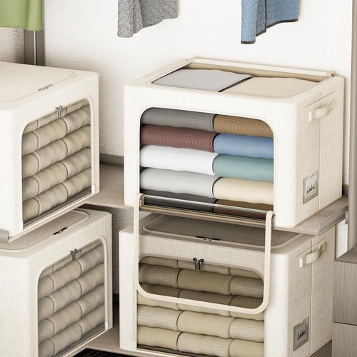 Chizjox 4 Pack Clothes Storage Bins with Metal Frame - 66L Stackable Storage Box with Lid，Foldable Storage Container Organizer for Clothes，Linen Fabric Storage Box with Clear Window＆Zippers＆Handles