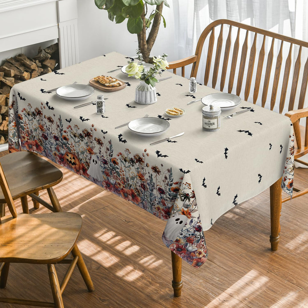 Horaldaily Halloween Tablecloth 52×70 Inch Rectangular, Bat Ghost Pumpkin Flower Washable Seasonal Table Cover for Party Picnic Dinner Decor