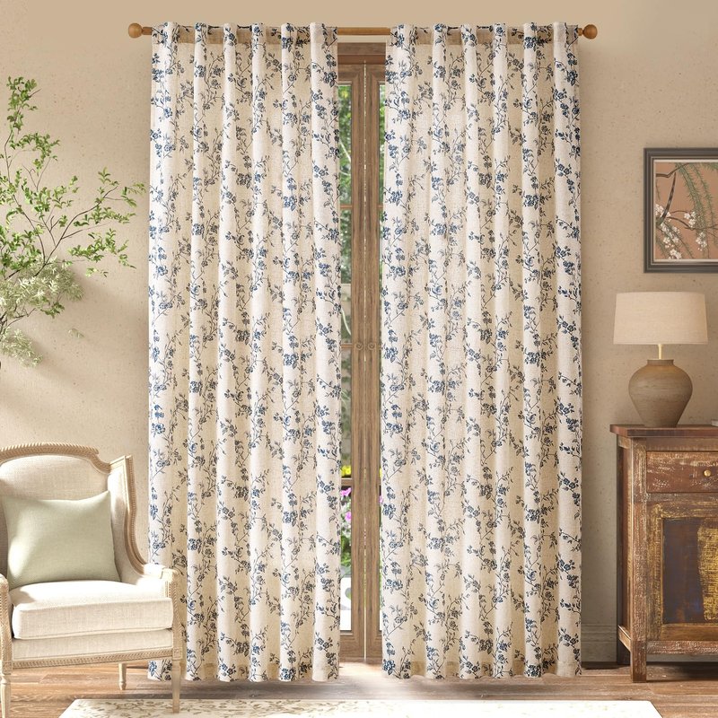 jinchan Linen Floral Curtains for Living Room 84 Inch Length Blue Printed Curtains Back Tab French Country Farmhouse Flower Patterned Drapes Bedroom Window Curtain Set 2 Panels