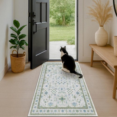 Hazo Haus Washable Rugs - Vintage Boho Floral Design in Blue and Green | 3x6 Low Pile Non-Slip Accent Rug