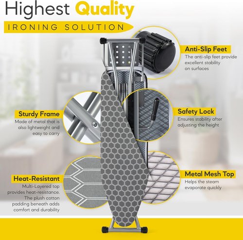 Full Size Ironing Board - Sturdy 57" L x 15" W Design with Adjustable Height & Heat Resistant Cover - Silver Gray