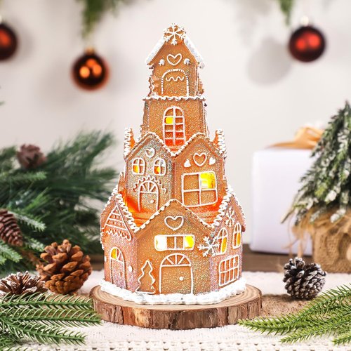 Beeveer LED Christmas Gingerbread House Decoration - Charming Resin Village Set | 5 x 5 x 8.25 Inch