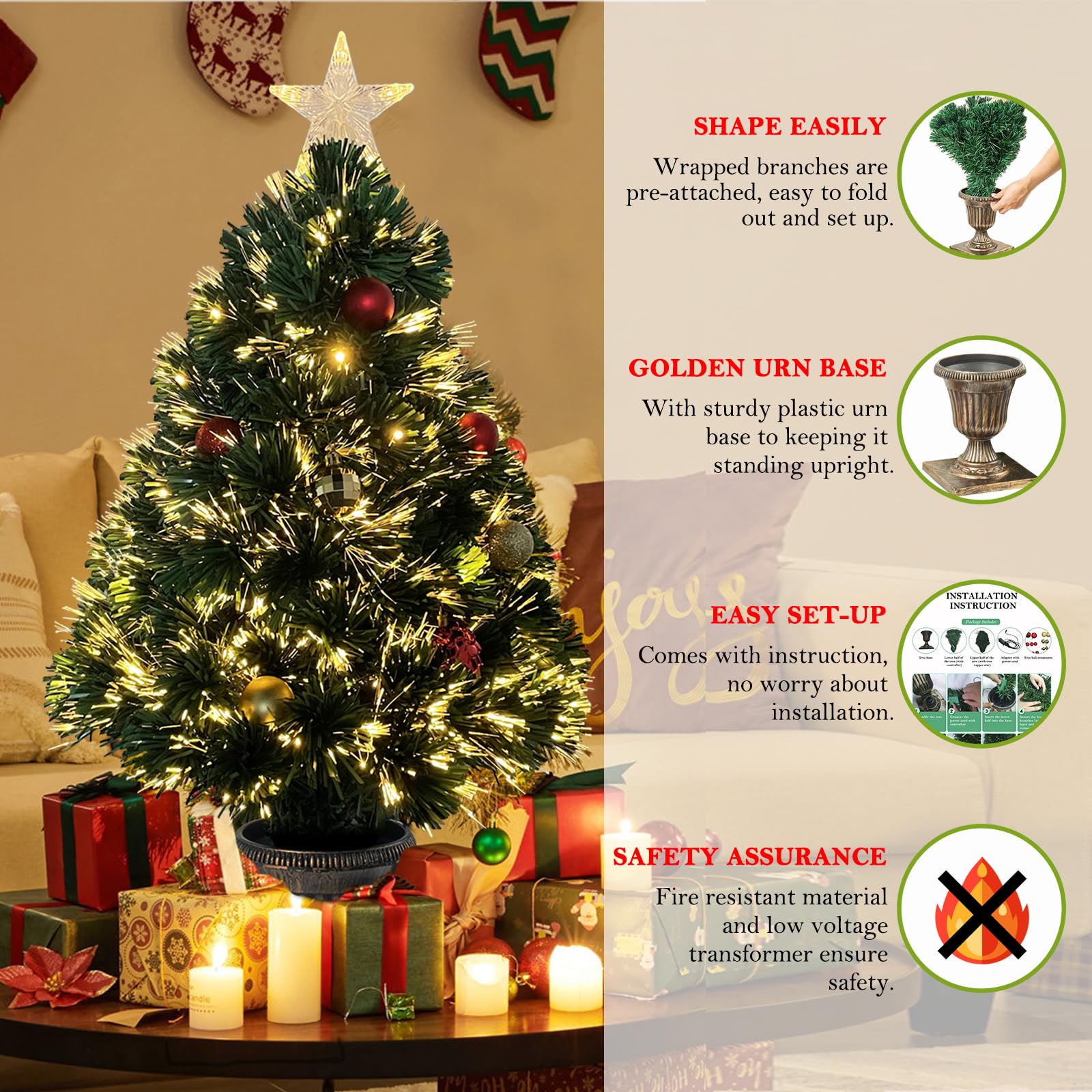 Joeoy 3Ft Pre-lit Optical Fiber Christmas Tree, Artificial Lighted Entrance Xmas Tree with Tree Topper Star and Hanging Ornaments Christmas Decorations for Yard Front Door Entryway