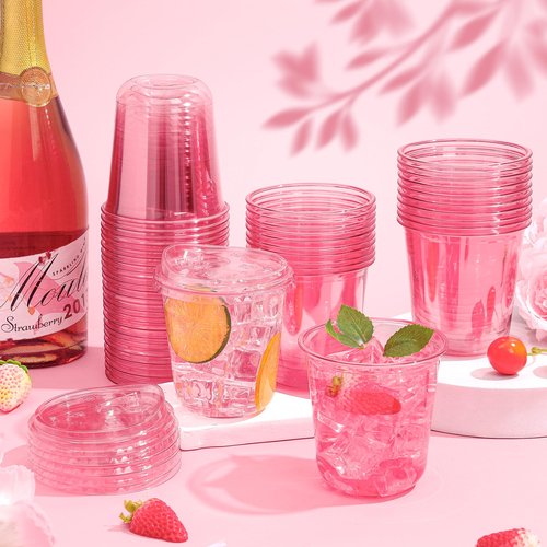 KesaPlan 50 Pack 12 oz Pink Plastic Party Cups with Sip Lids, Disposable Iced Coffee Cup with Lid, Round Bottom Stemless Glasses Drinking Cups for Valentine's Galentine's Bachelorette Party Holiday