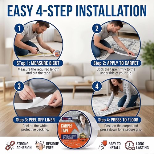 ETERART Heavy Duty Double-Sided Carpet Tape - Residue-Free, Hand Tearable Anti-Slip Rug Tape (2" x 10 Yards, White)