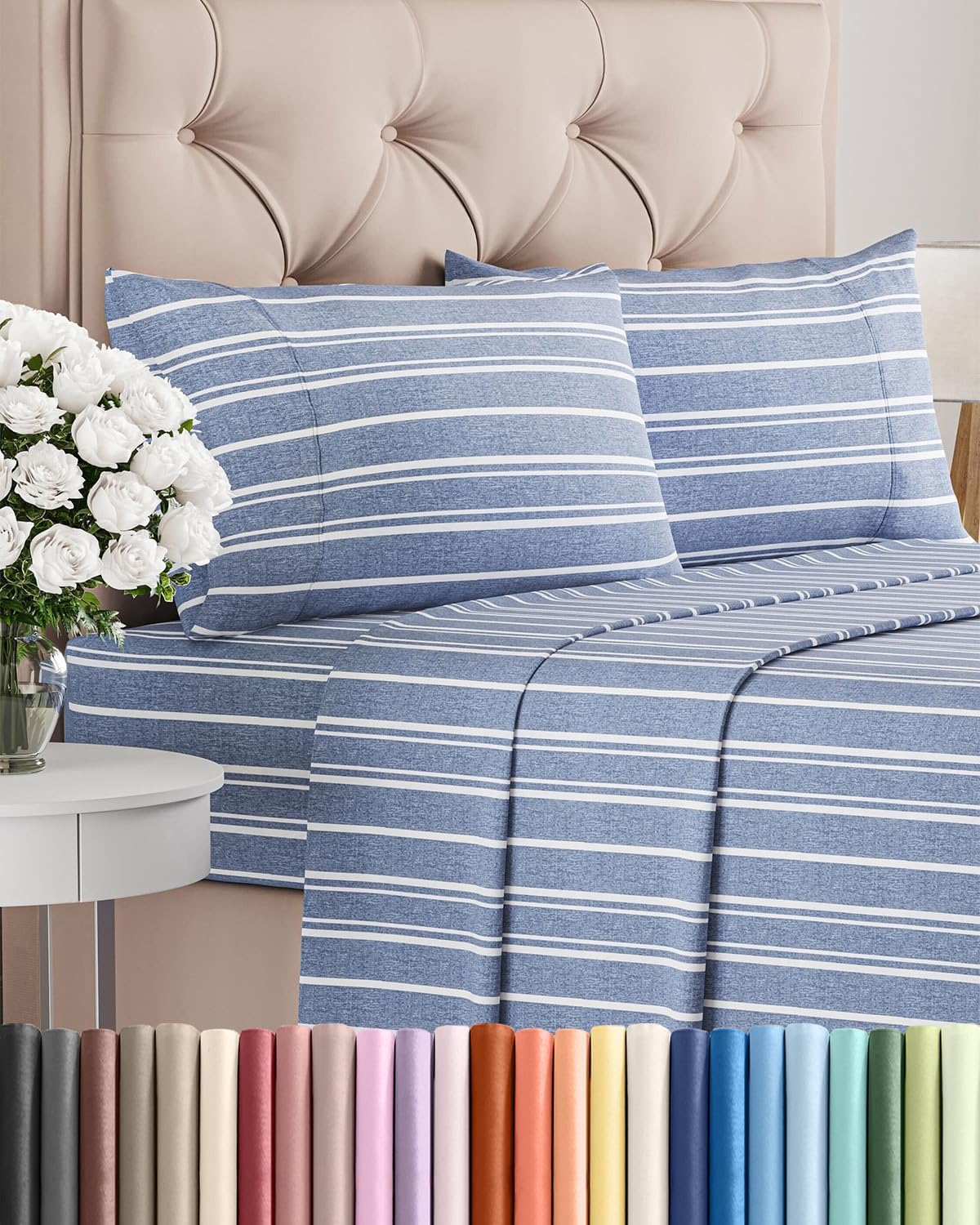 Queen Size 4-Piece Sheet Set - Comfy Cooling Bed Sheets for Luxury Bedding - Deep Pockets, Soft & Wrinkle-Free - Oeko-Tex Certified - Blue Stripes
