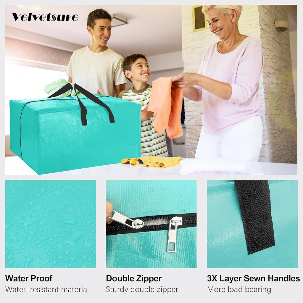 VELVETSURE Heavy Duty Large Moving Bags - 6 Pack with Backpack Straps & Strong Zippers | Space-Saving Aquamarine Totes