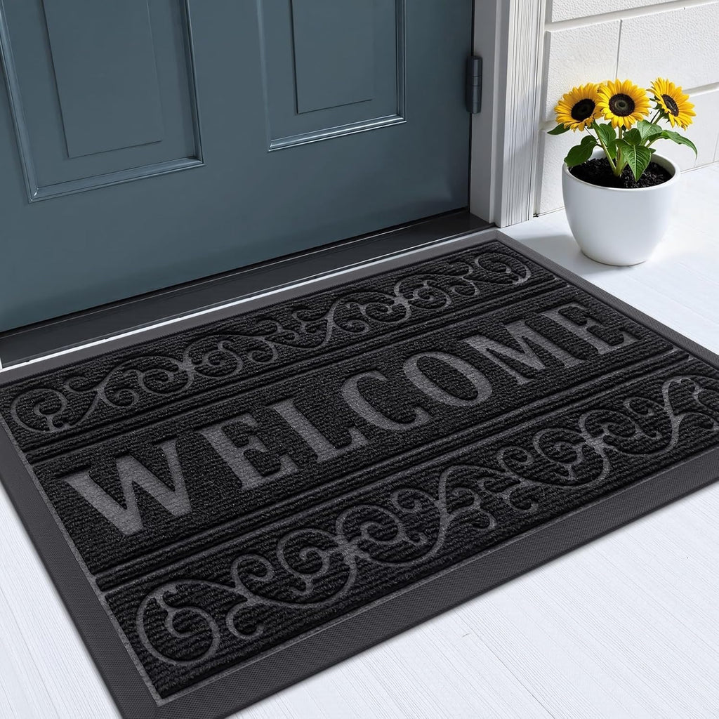 OLANLY Heavy Duty Welcome Door Mat - Waterproof All-Weather Stain Resistant | 29.5 x 17 Inches, Black