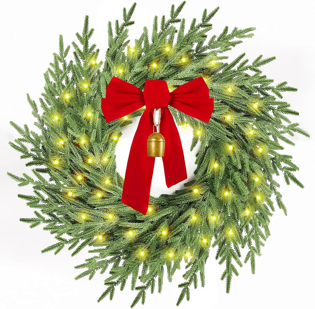 Skiennix Christmas Wreath - 26" Real Touch Pine with Lights, Bow & Bell | Festive Indoor/Outdoor Decor