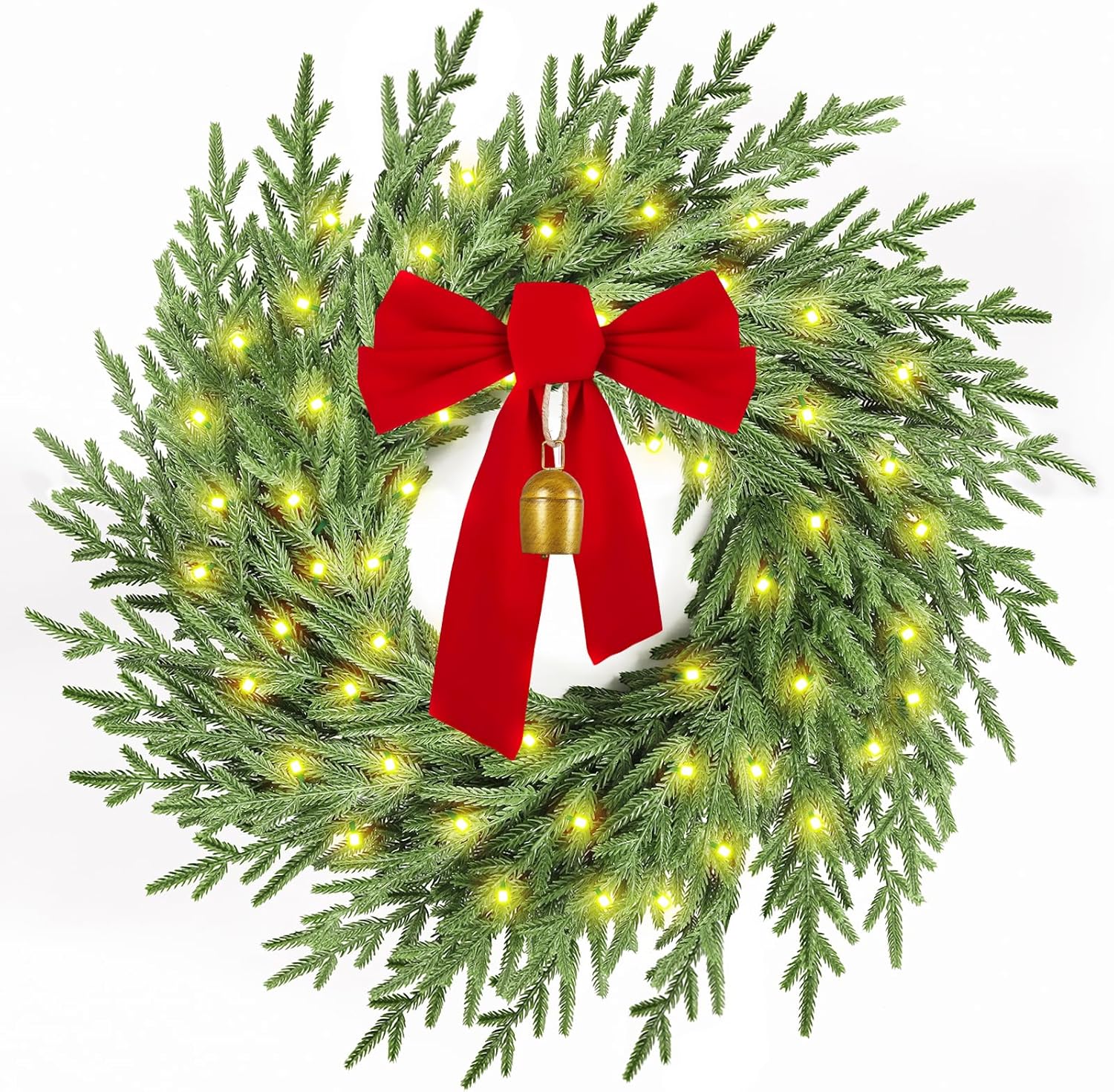 Skiennix Christmas Wreath - 26" Real Touch Pine with Lights, Bow & Bell | Festive Indoor/Outdoor Decor