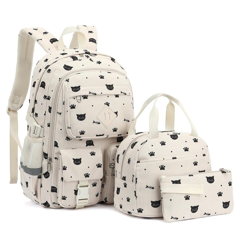 Xunteny Corduroy School Backpack for Girls Boys, Kids Teens School Bookbags Schoolbag Set with Lunch Box Pencil Bag (Cat)