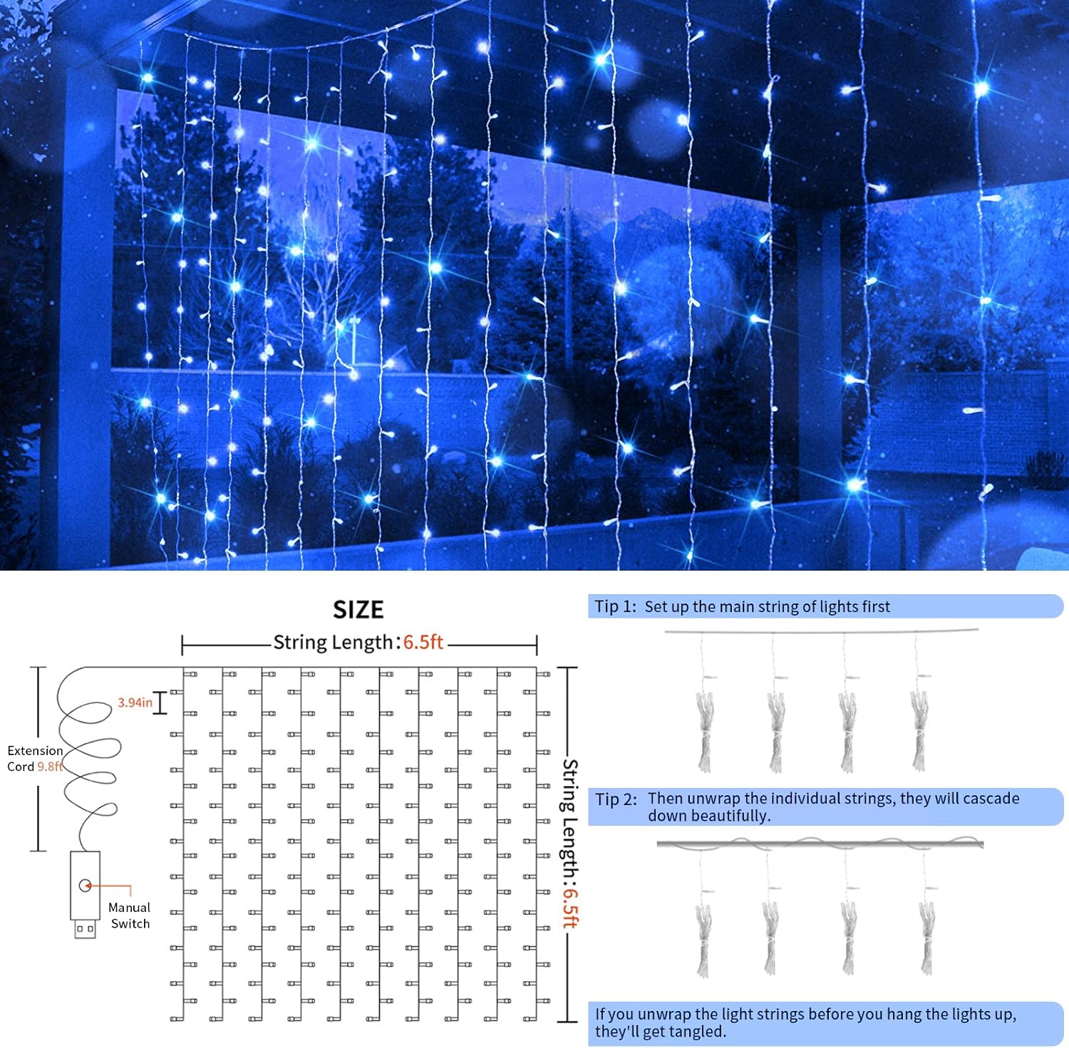 Suddus Curtain Lights - 200 LED Waterproof Fairy String Lights for Bedroom & Outdoor Decor - Blue