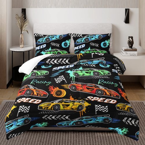 Hosima Child's Cartoon Sports Car 3Piece Set with 2 Pillowcases, Racing Car Bedding for Boys and Girls, Fast and Furious Extreme Sport Games Comforter, Black Comforter Full Size