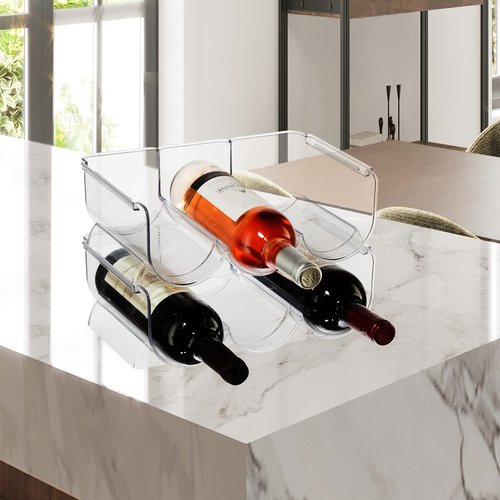 Oggi Bottle Rack for Wine, 6 Bottle Wine Storage - Stackable Wine Rack, Secure Stack Tabs. Water Bottle Storage, Wine Bottle Holder for Kitchen, Cabinet, Fridge - Each Rack Holds 3 Bottles, 2 Pack