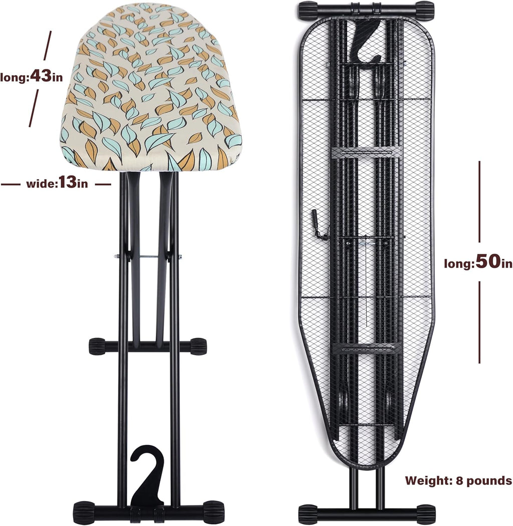 Veiox Ironing Board - Foldable Full Size With Heat Resistant Cover | Adjustable Height & Sturdy Legs (13x43)