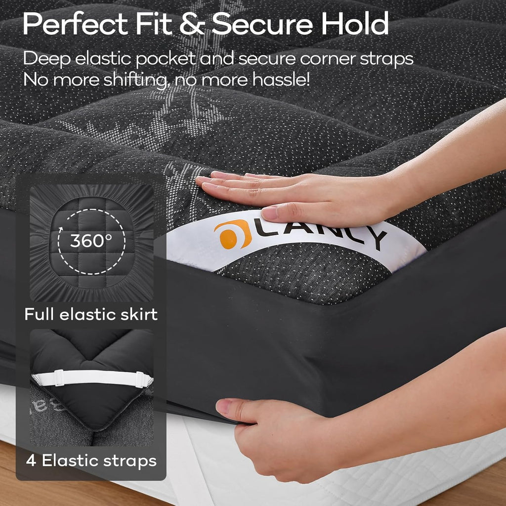OLANLY Queen Mattress Topper - Cooling Bamboo Viscose Pillow Top for Back Pain Relief | Dark Gray