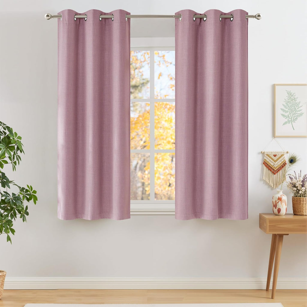 NICETOWN Blackout Curtains - Short Faux Linen Privacy Panels for Living Room & Bedroom | 63 Inches Long, Pink