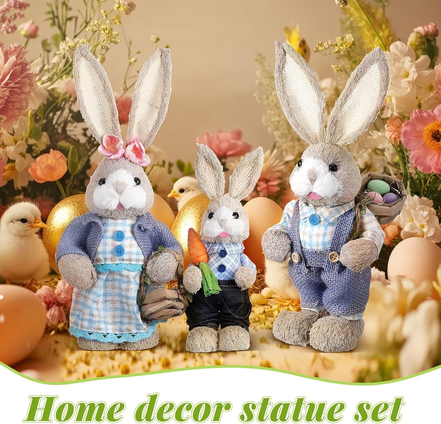 Wesiti Easter Bunny Decorations - Set of 3 Natural Sisal Straw Figurines | 13.8" & 9.8" Tabletop Statues