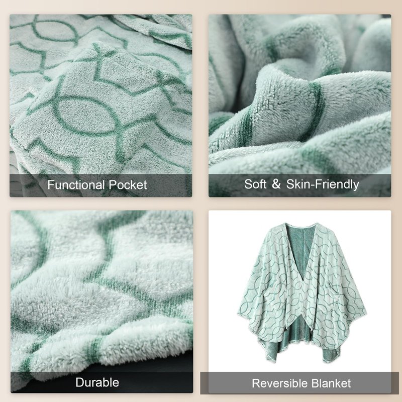 Bcareself Ultra Soft Flannel Reversible Shawl, with Pockets for Women & Men, Home & Travel Throw Blanket (Heather Grey, 58'' x 64'')