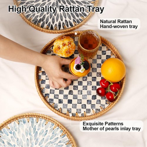 Tynulox Round Rattan Tray with Mother of Pearl Inlay, Rattan Serving Tray for Coffee, Bread, Fruits, Decorative Wicker Tray for Table Decor, Home Decor, Kitchen Island Decor(Black Checkerboard, 11.8")