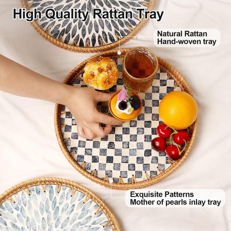 Tynulox Round Rattan Tray with Mother of Pearl Inlay, Rattan Serving Tray for Coffee, Bread, Fruits, Decorative Wicker Tray for Table Decor, Home Decor, Kitchen Island Decor(Black Checkerboard, 11.8")