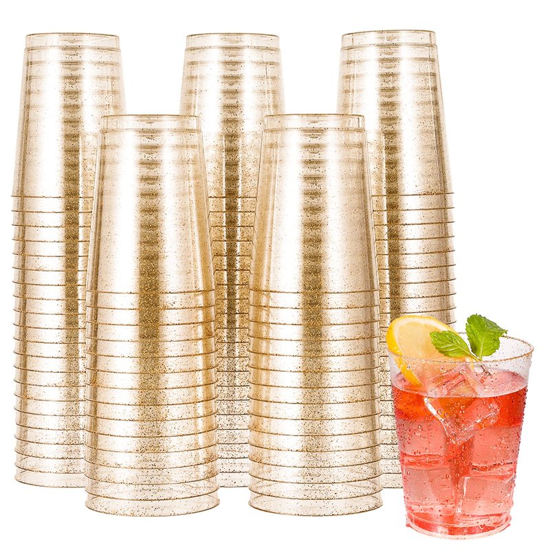 JOLLY CHEF 100 Pack 10 oz Gold Plastic Cups, Disposable Gold Glitter Cups, Clear Plastic Tumblers Perfect for Weddings, Christmas & Parties