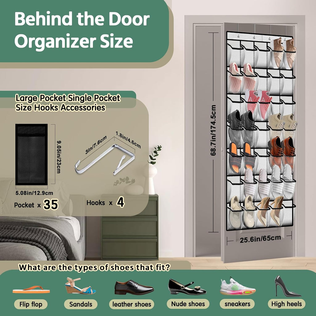 Paulone 35-Slot Over The Door Shoe Organizer - Reusable Breathable Mesh Storage Bag for Men, Women & Kids (White)